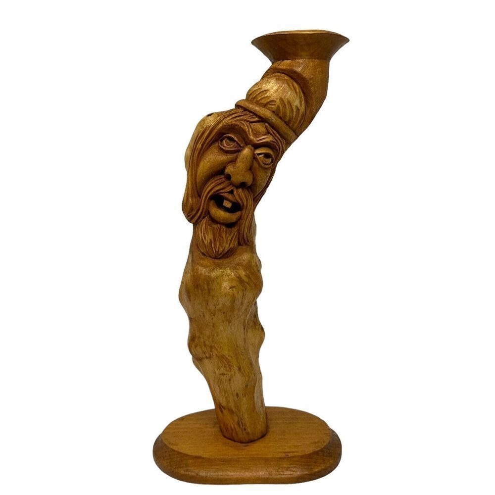 Hand Carved Wood Spirit Wizard Candlestick Holder Folk Art Whimsical Bearded Man